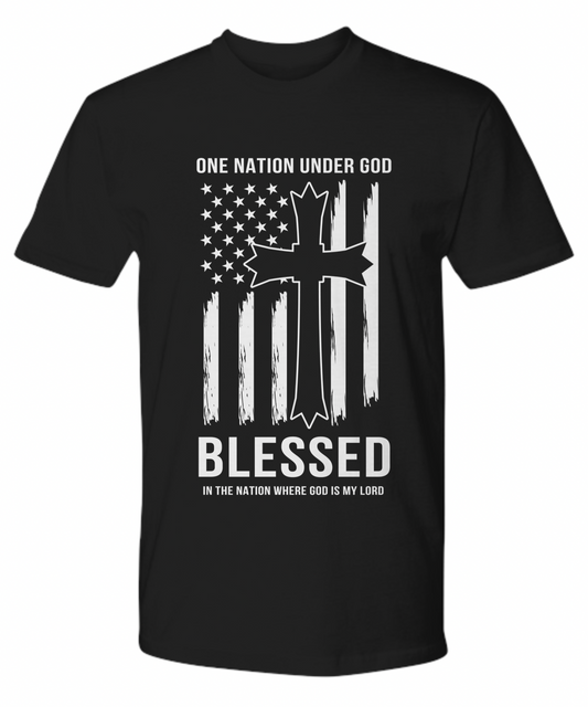 One Nation Under God Blessed in the Nation Where God is My Lord Premium T-shirt, Gift for Christians, US Flag and Cross Shirt, Patriotic and Faith Shirt